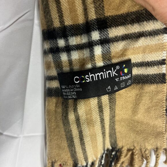V. Fraas Cashmink Nova Check Tartan Plaid Scarf Winter Soft Classic Tan Beige - Picture 3 of 5